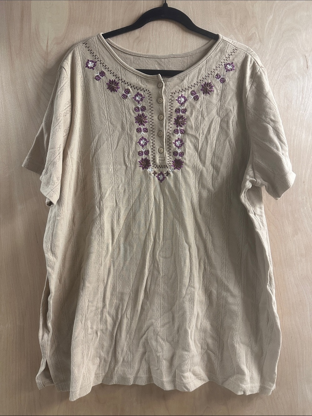 Woman Within Beige Tunic with Purple Floral Embroidery